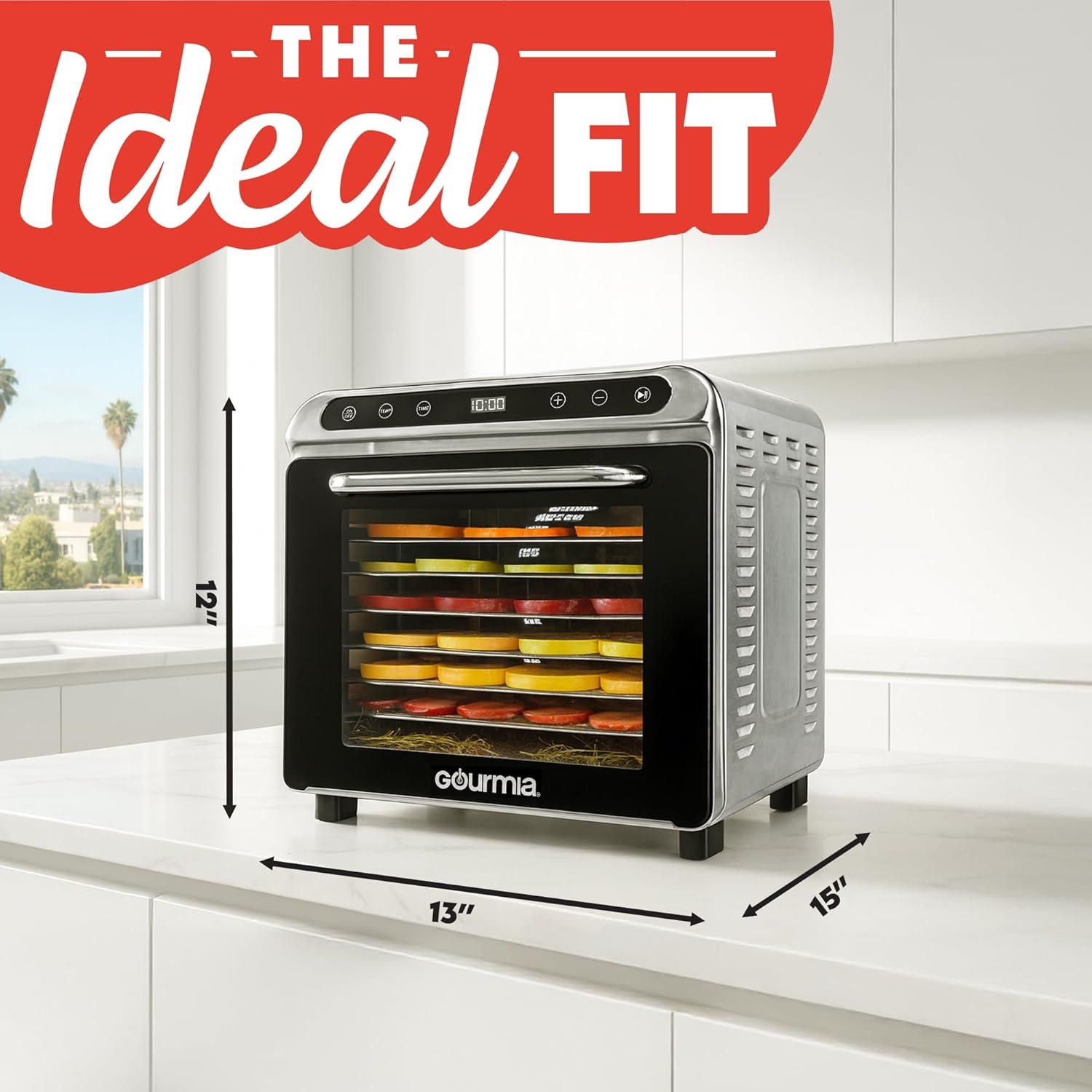 image:imageGourmia 8 Tray Digital Food Dehydrator 360 Airflow 30 Minute24 Hour Timer Glass Door Jerky Fruits Veggies amp More 95F185F 625W Stainless Steel8 Tray