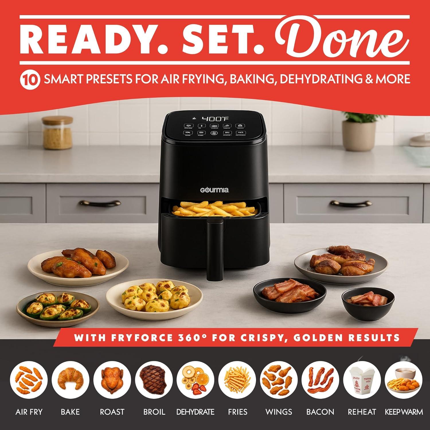 image:imageGourmia Air Fryer 2 Qt Capacity FryForce 360 Digital Display with 8 Presets Bake Broil Dehydrate Reheat Dishwasher Safe Accessories Black