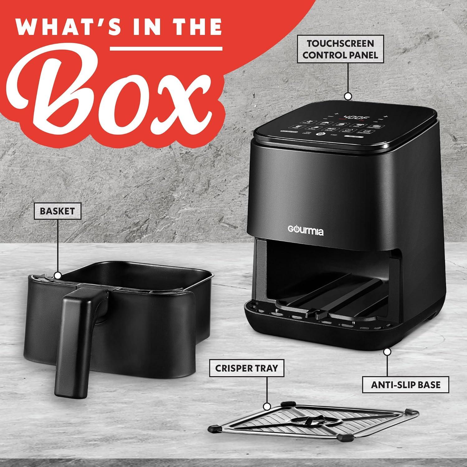 image:imageGourmia Air Fryer 2 Qt Capacity FryForce 360 Digital Display with 8 Presets Bake Broil Dehydrate Reheat Dishwasher Safe Accessories Black