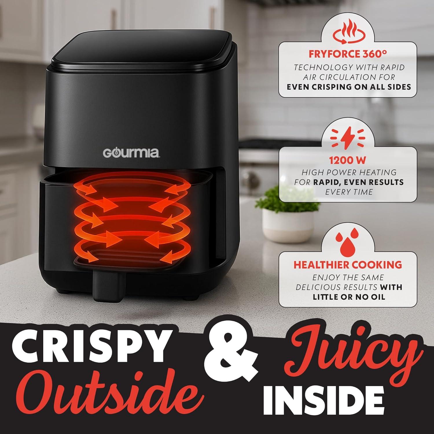 image:imageGourmia Air Fryer 2 Qt Capacity FryForce 360 Digital Display with 8 Presets Bake Broil Dehydrate Reheat Dishwasher Safe Accessories Black