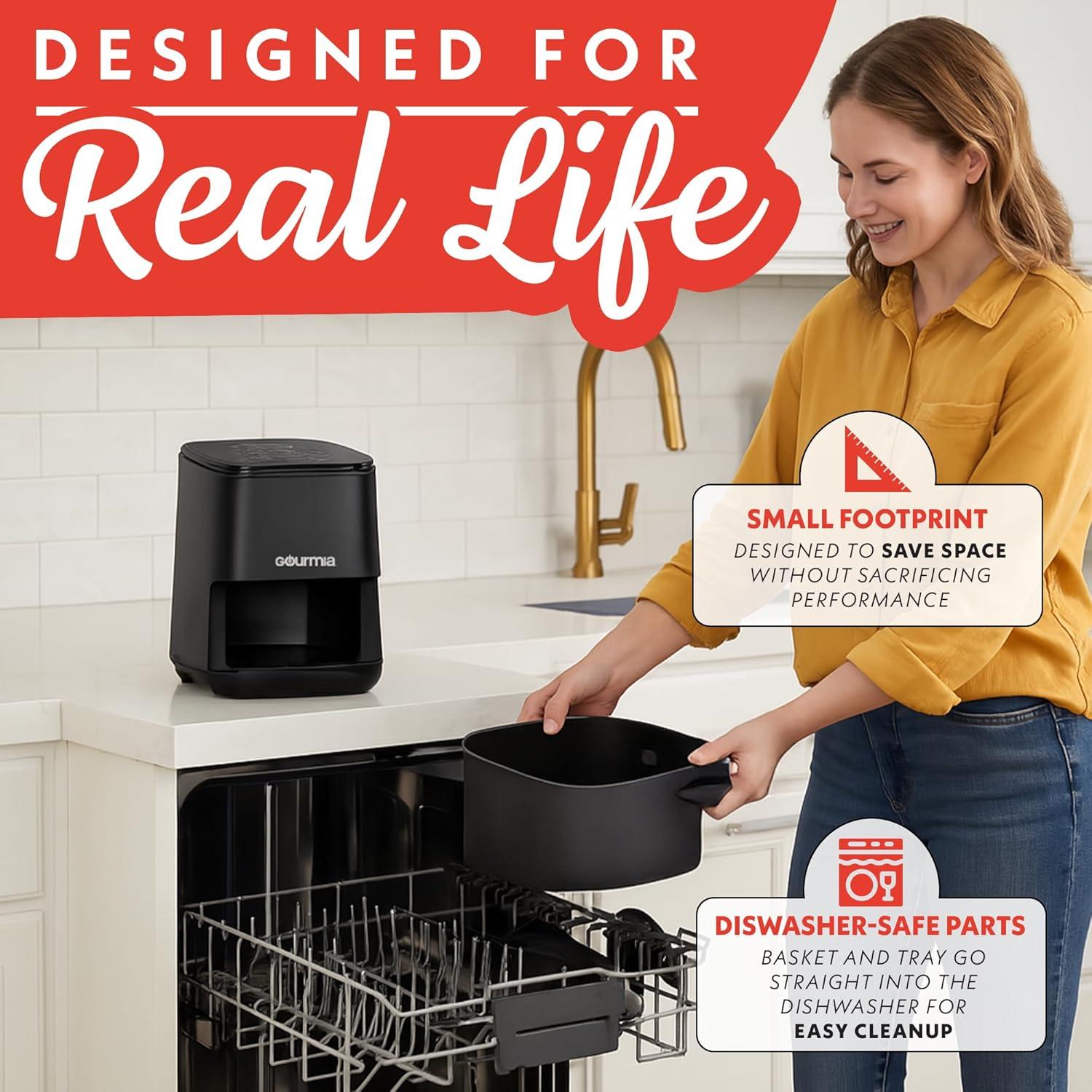 image:imageGourmia Air Fryer 2 Qt Capacity FryForce 360 Digital Display with 8 Presets Bake Broil Dehydrate Reheat Dishwasher Safe Accessories Black