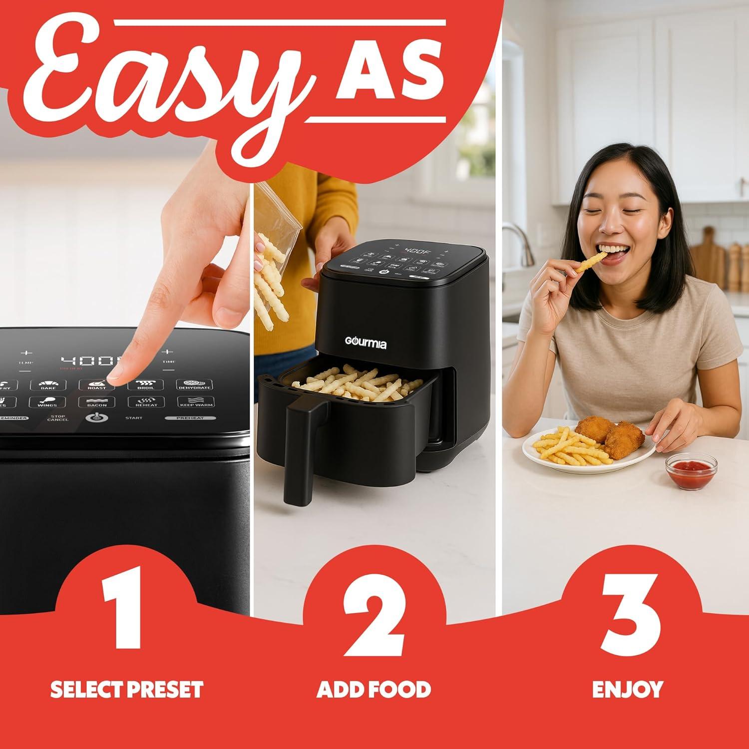 image:imageGourmia Air Fryer 2 Qt Capacity FryForce 360 Digital Display with 8 Presets Bake Broil Dehydrate Reheat Dishwasher Safe Accessories Black