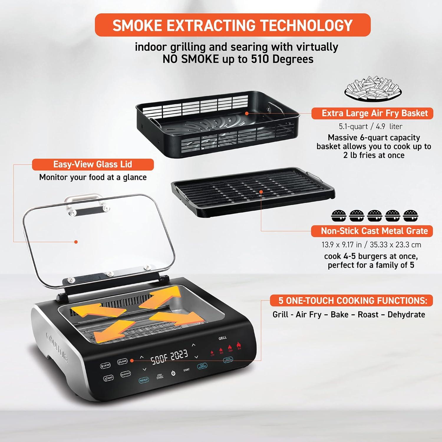 image:imageGourmia Smokeless Indoor Grill amp Air Fryer raclette grill with Smoke Extracting Technology for indoor grill ExtraLarge Nonstick Cooking electric grill indoor Korean BBQ Style 6 Quart FoodStationAir Fryer Grill 6 QT