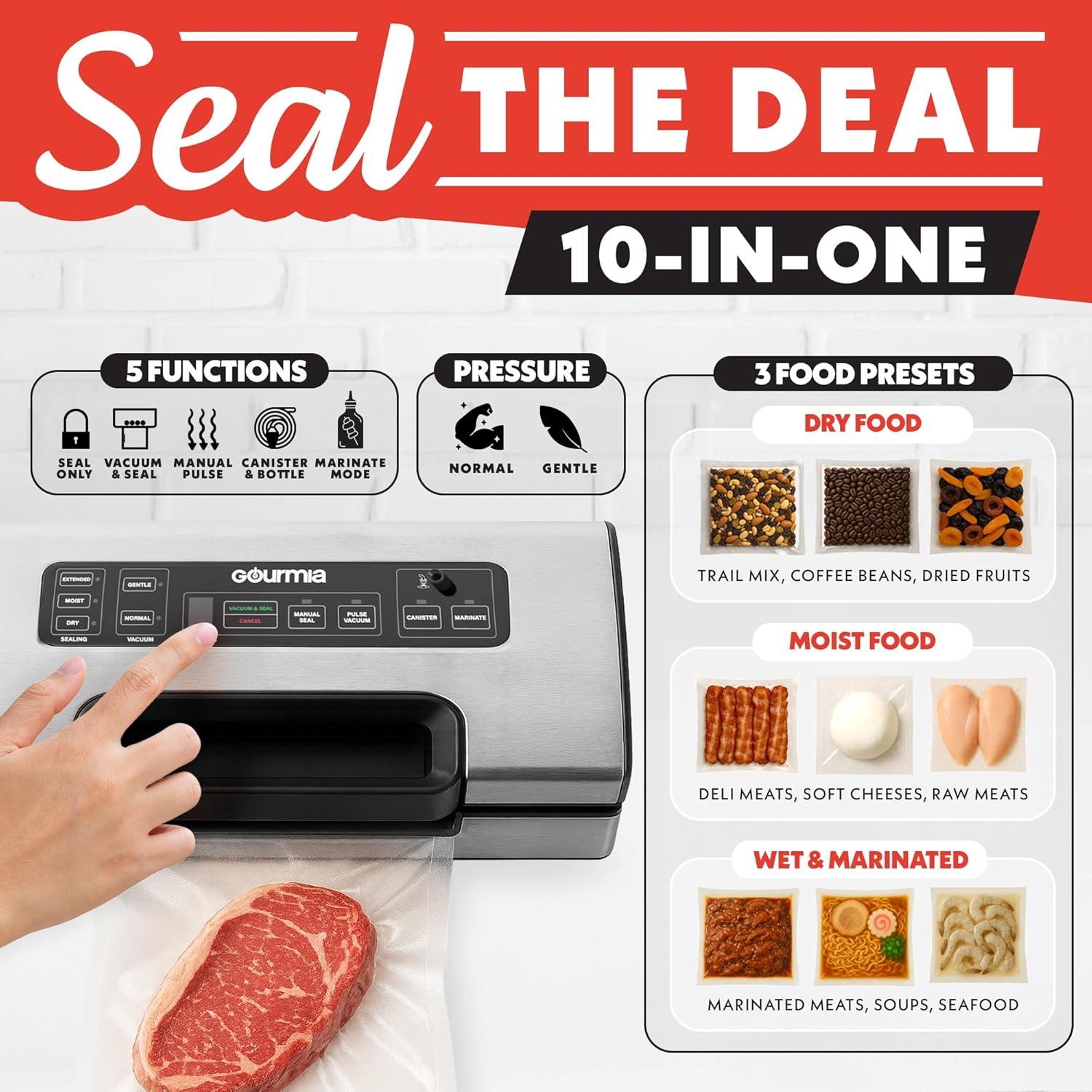 image:imageGourmia Vacuum Sealer Food Preservation System with Marinate Mode and Vacuum Hose Pulse Control LED Display BuiltIn Cutter Gentle amp Normal Vacuum Options Stainless Steel