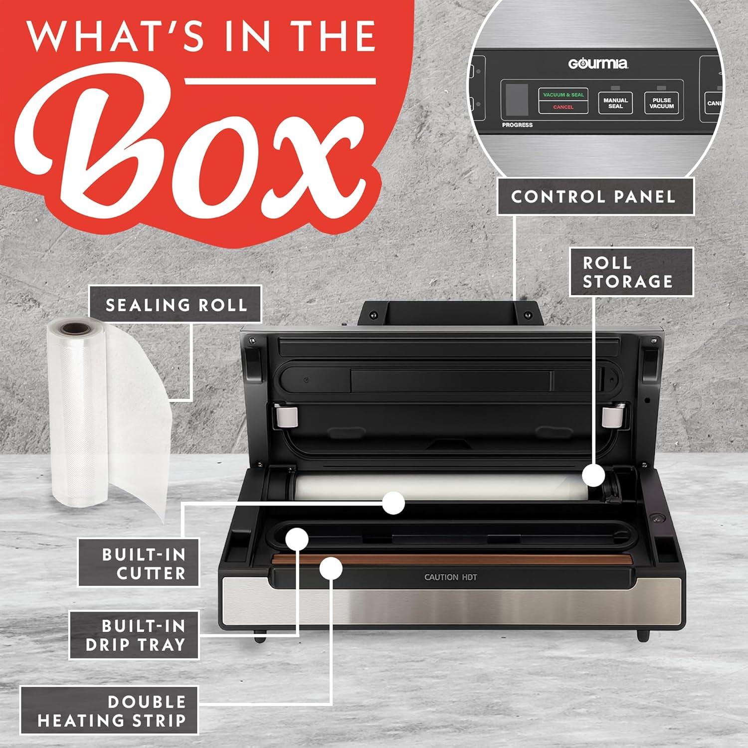 image:imageGourmia Vacuum Sealer Food Preservation System with Marinate Mode and Vacuum Hose Pulse Control LED Display BuiltIn Cutter Gentle amp Normal Vacuum Options Stainless Steel