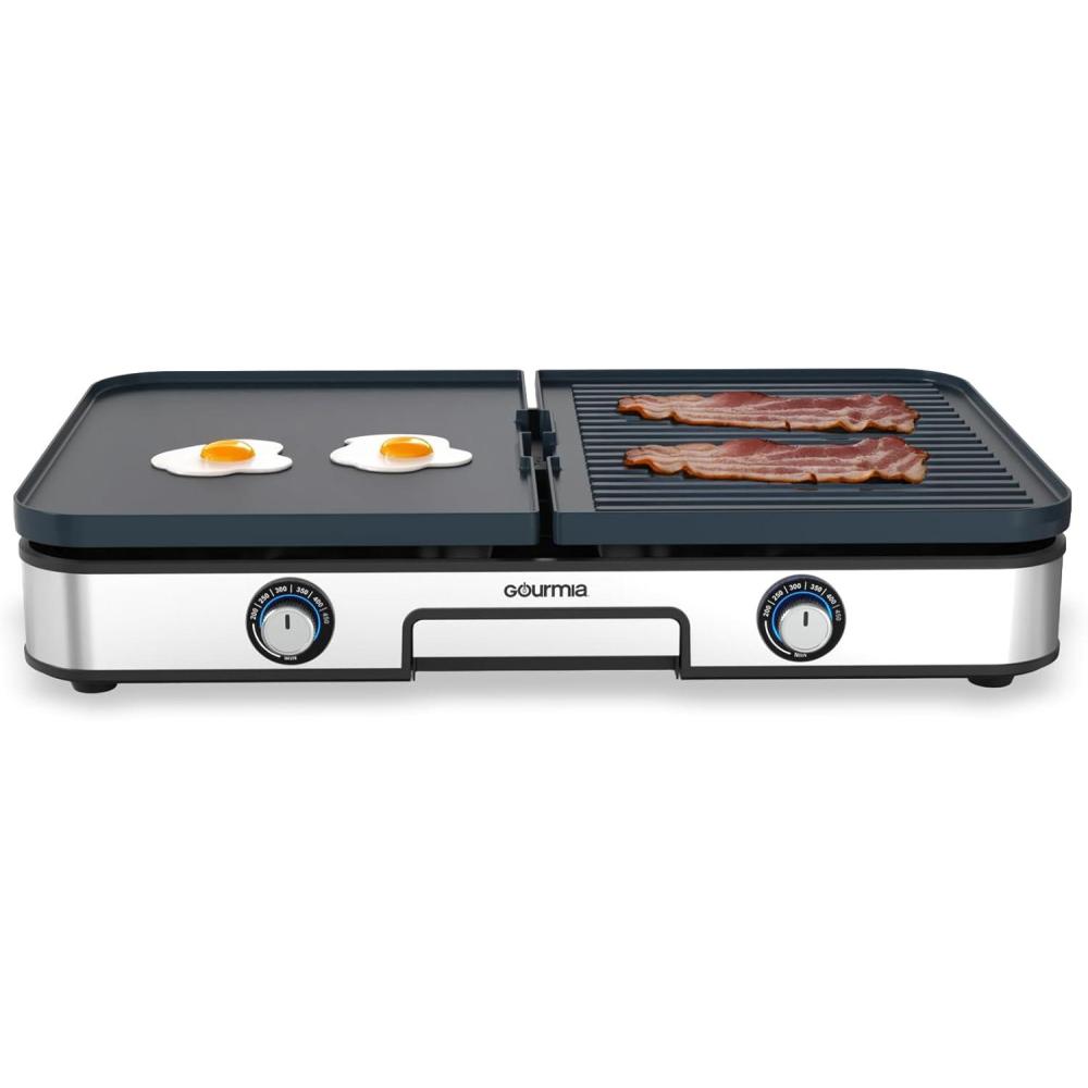 image:imageGourmia 3in1 Indoor Grill amp Griddle Electric Combo Dual Independent Cooking Zones Reversible Nonstick Ceramic Plates XL Cooking Surface 250400F Adjustable Temp Dishwasher Safe