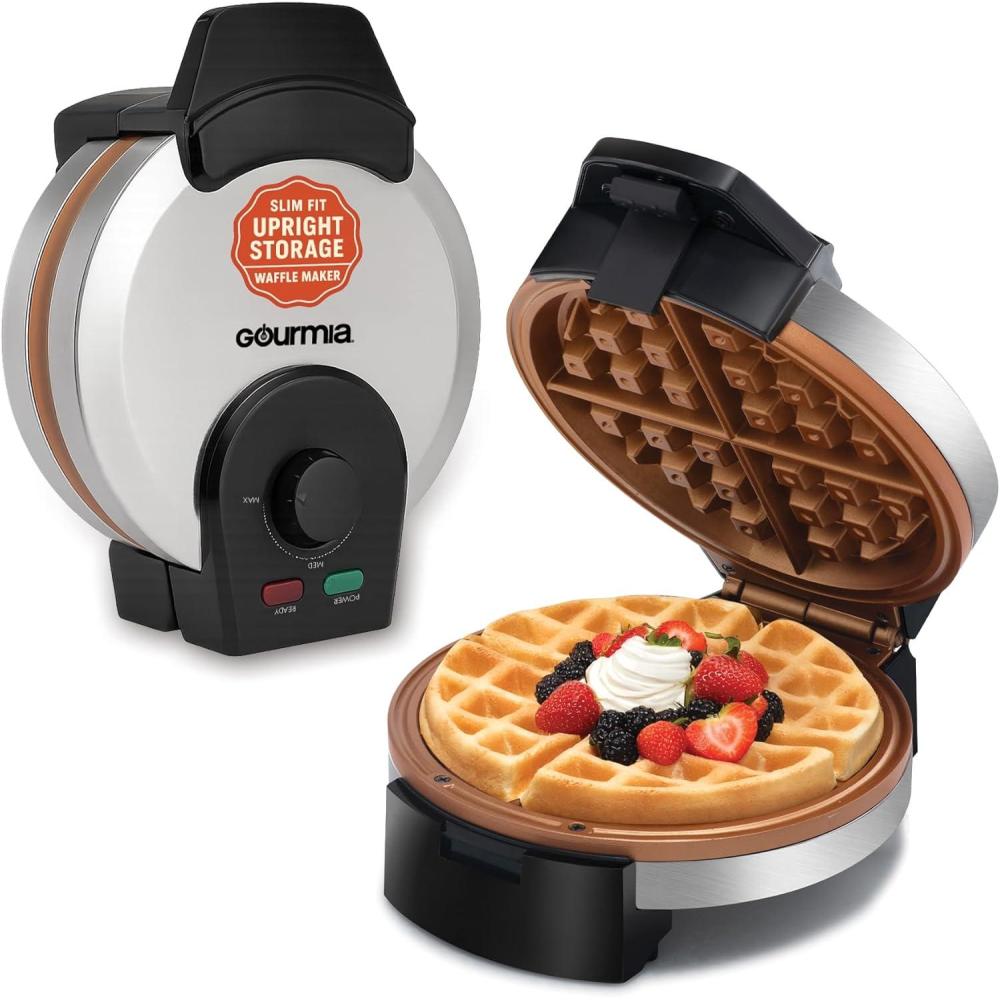 image:imageGourmia Belgian Waffle Maker Compact Design with Upright Storage Adjustable Browning and EasyClean Nonstick Ceramic Plates Stainless Steel