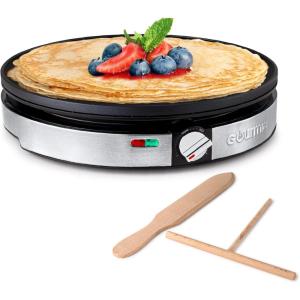 Gourmia 12” Crepe Maker – Nonstick Electric Griddle for Pancakes, Omelets & More, Precise Temp Control with Indicator Lights, Includes Spatula & Batter Spreader, Quick Cleanup, Stainless Steel Trim