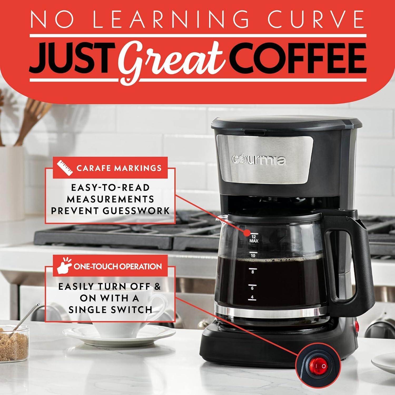 image:imageGourmia 12 Cup OneTouch Coffee Maker Pause and Serve with Automatic Keep Warm Easy View Water Window Compact Design Stainless Steel Accents Black