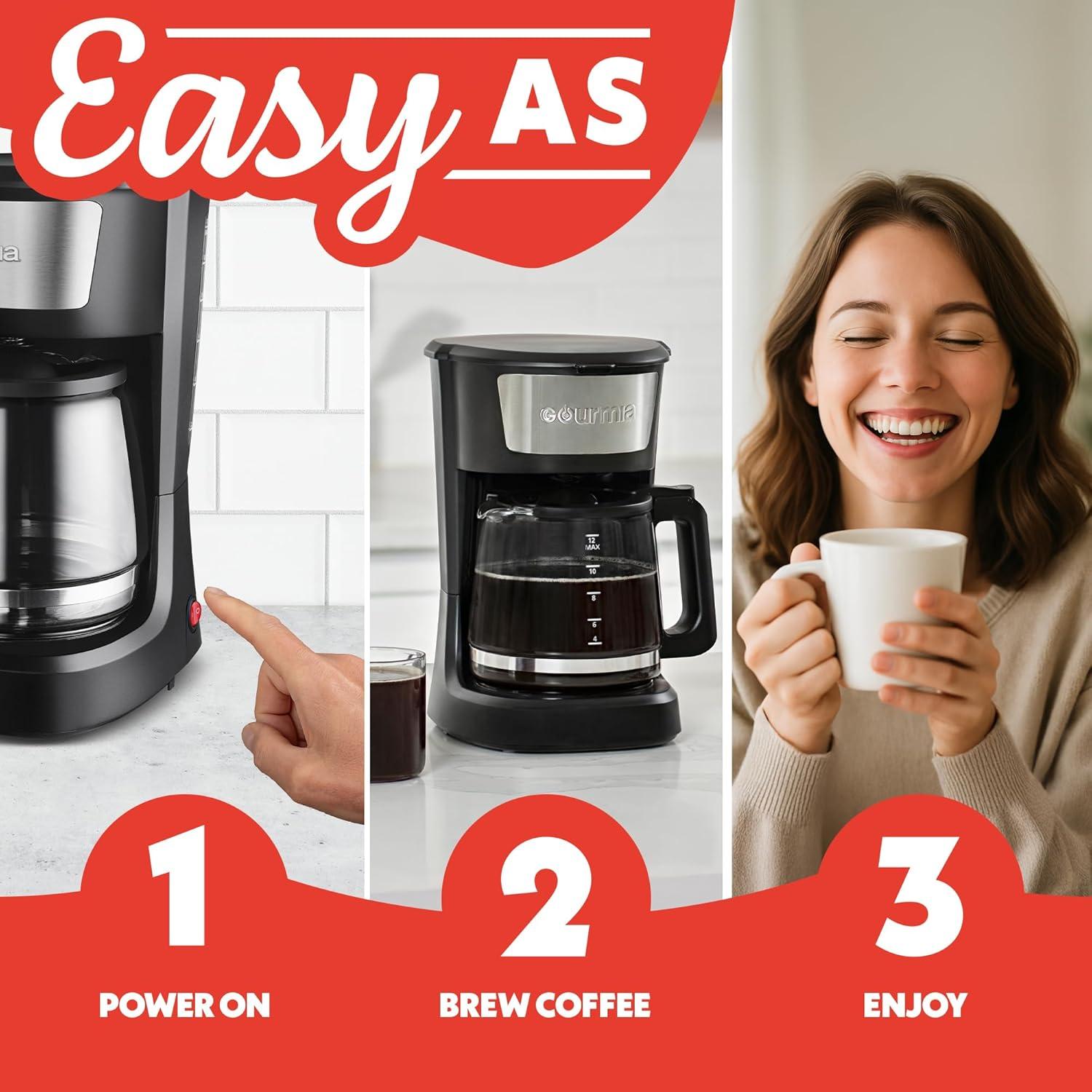 image:imageGourmia 12 Cup OneTouch Coffee Maker Pause and Serve with Automatic Keep Warm Easy View Water Window Compact Design Stainless Steel Accents Black