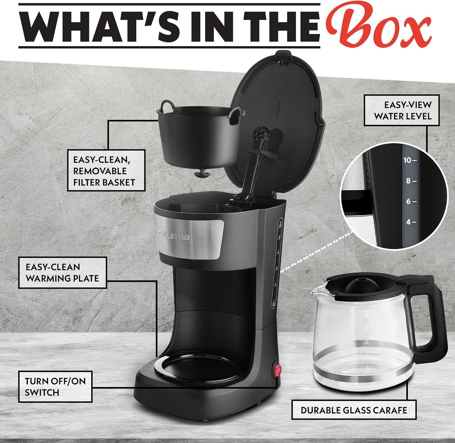 image:imageGourmia 12 Cup OneTouch Coffee Maker Pause and Serve with Automatic Keep Warm Easy View Water Window Compact Design Stainless Steel Accents Black