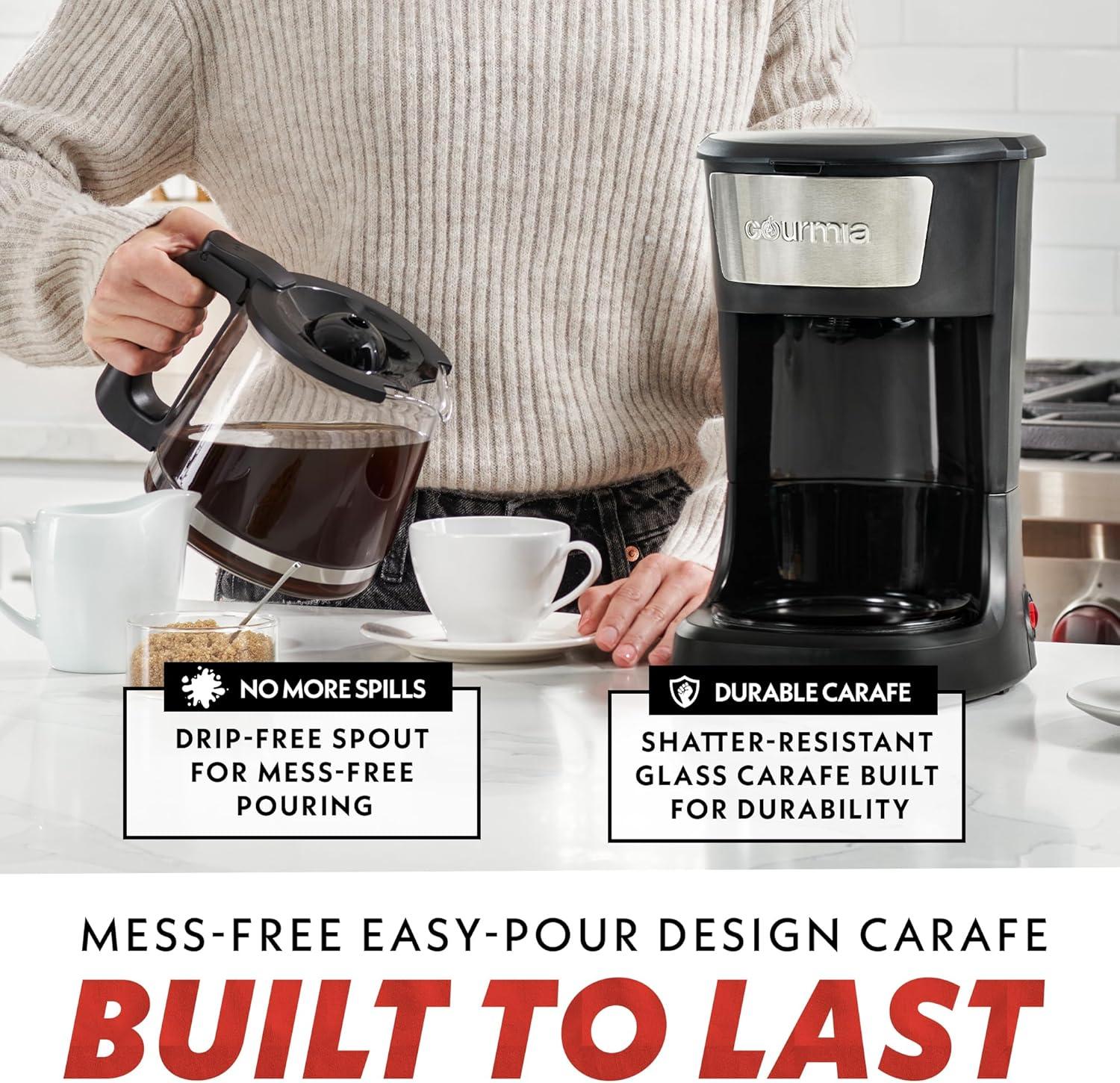 image:imageGourmia 12 Cup OneTouch Coffee Maker Pause and Serve with Automatic Keep Warm Easy View Water Window Compact Design Stainless Steel Accents Black
