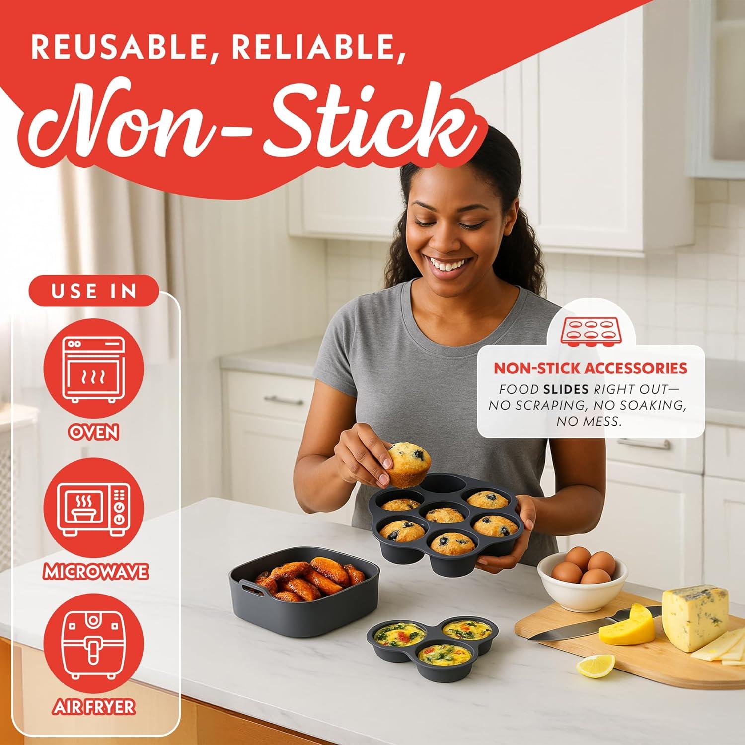 image:imageGourmia Air Fryer Accessories Set 3 Piece Silicone Liner Egg Bite Cooker 7Hole Cupcake Mold BPAFree Nonstick Heat Resistant 445F Dishwasher Safe Food Grade