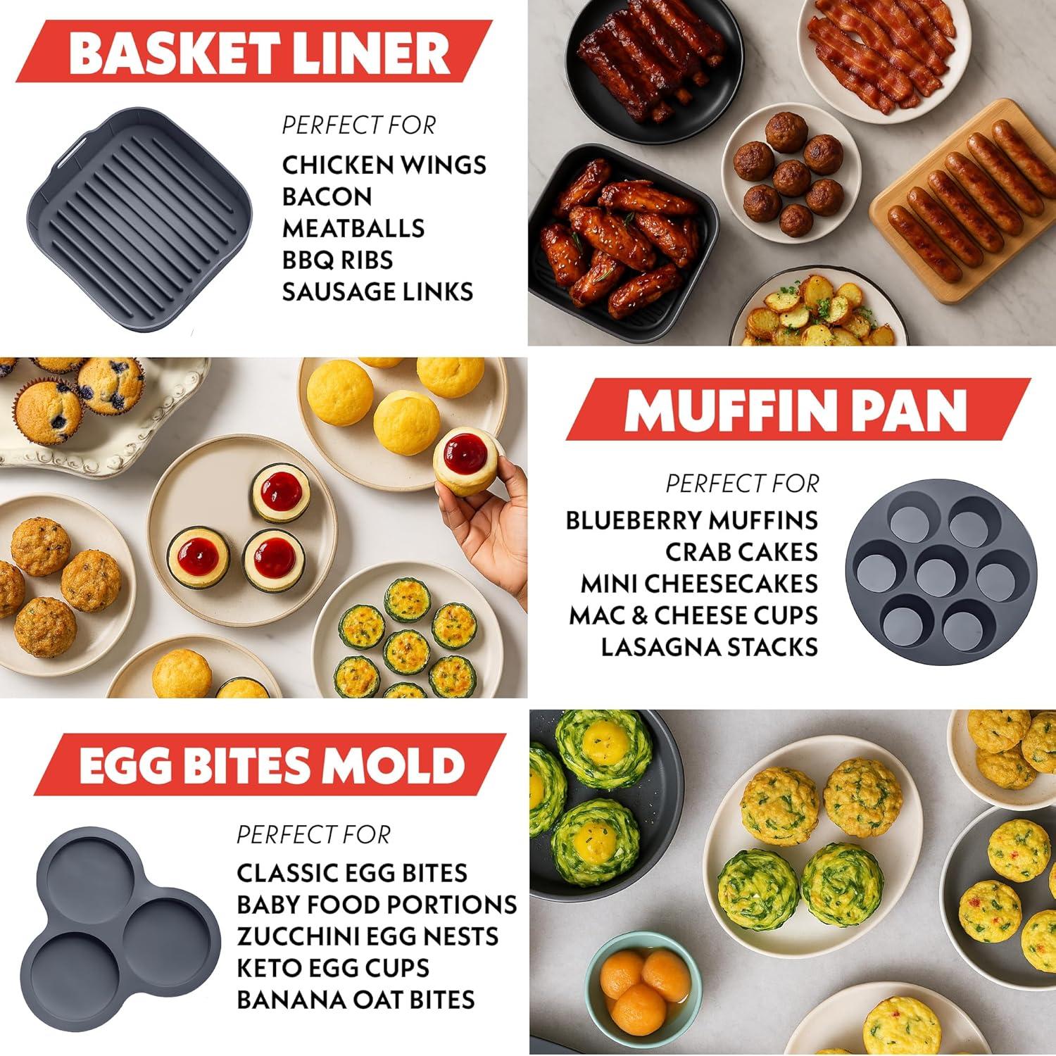 image:imageGourmia Air Fryer Accessories Set 3 Piece Silicone Liner Egg Bite Cooker 7Hole Cupcake Mold BPAFree Nonstick Heat Resistant 445F Dishwasher Safe Food Grade