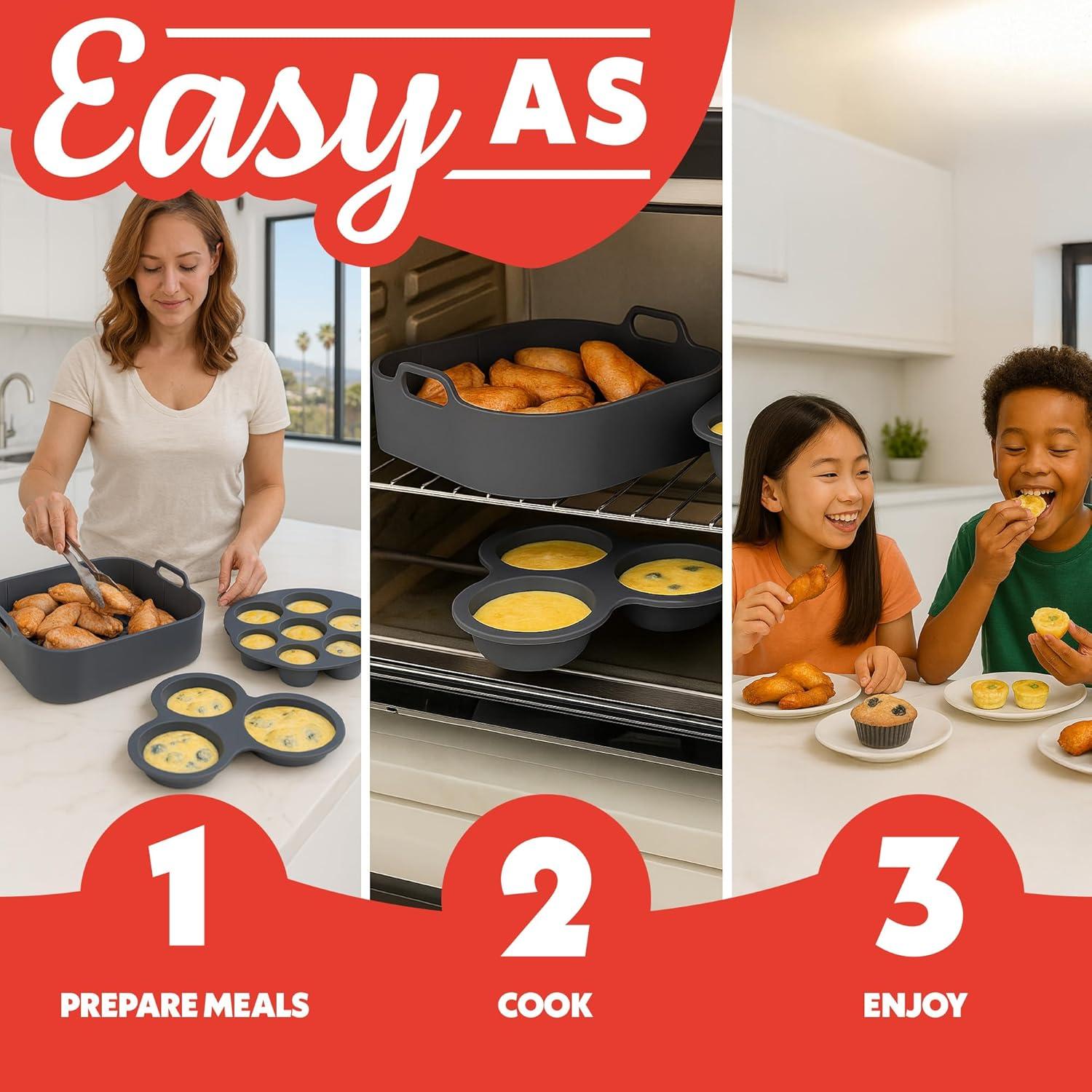 image:imageGourmia Air Fryer Accessories Set 3 Piece Silicone Liner Egg Bite Cooker 7Hole Cupcake Mold BPAFree Nonstick Heat Resistant 445F Dishwasher Safe Food Grade