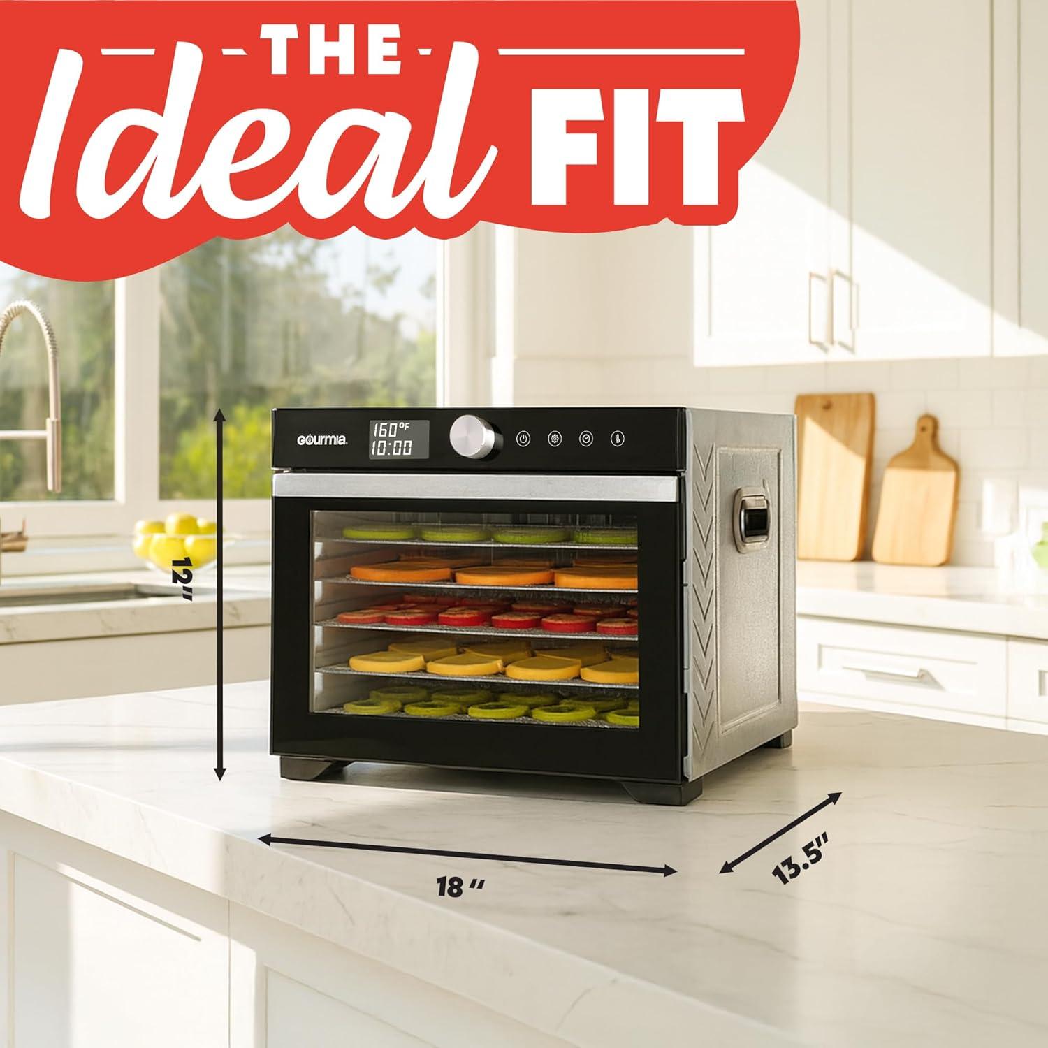 image:imageGourmia Digital Food Dehydrator 6 Stainless Steel Trays 360 Airflow OneTouch Presets Adjustable Temp 95165F Timer Glass Door Quiet Operation 600W Healthy Snacks Jerky Fruits amp More