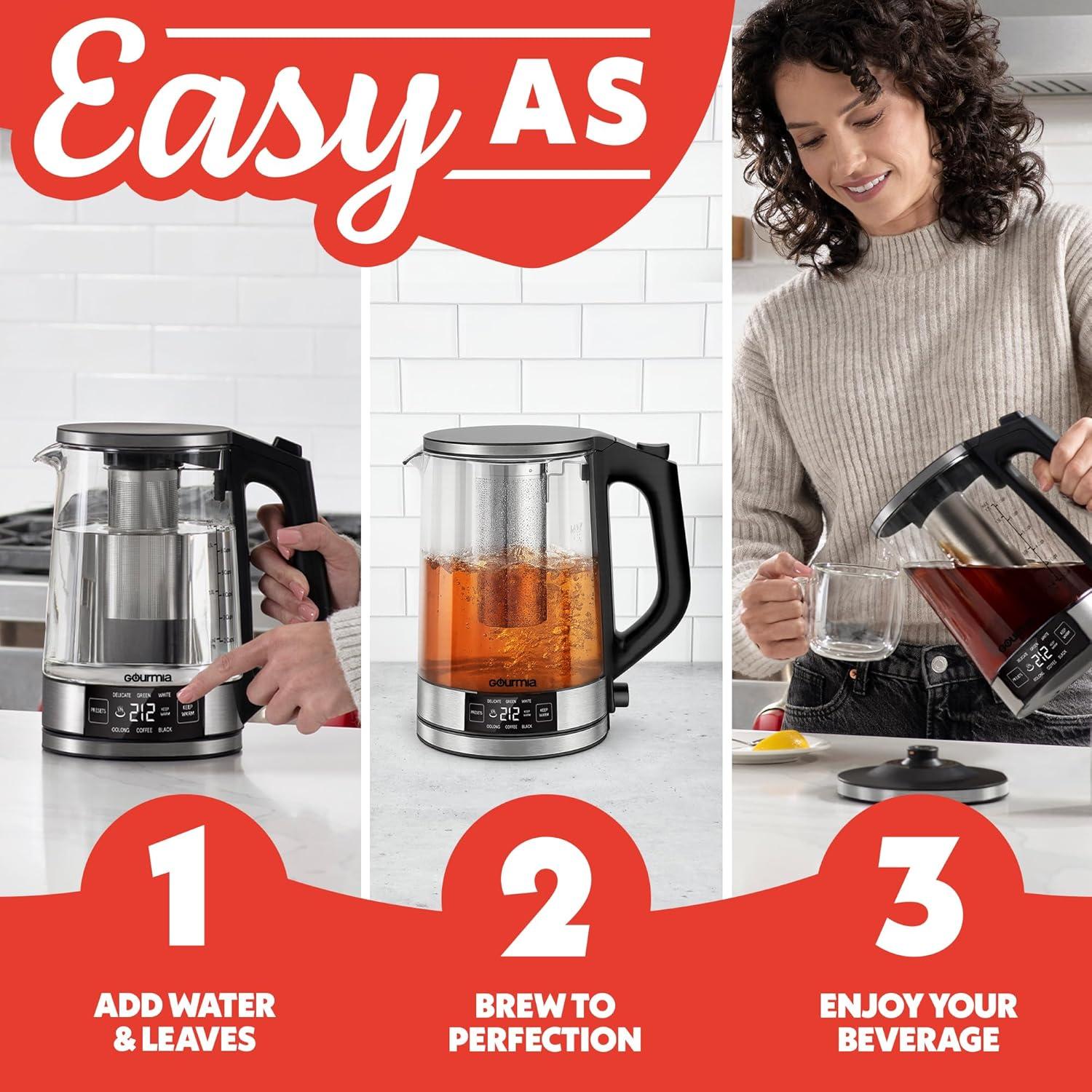 image:imageGourmia Programmable Digital Glass Kettle 17L Adjustable Temperature Electric Kettle with 6 Presets Keep Warm Stainless Steel Tea Infuser 360 Swivel Base Black