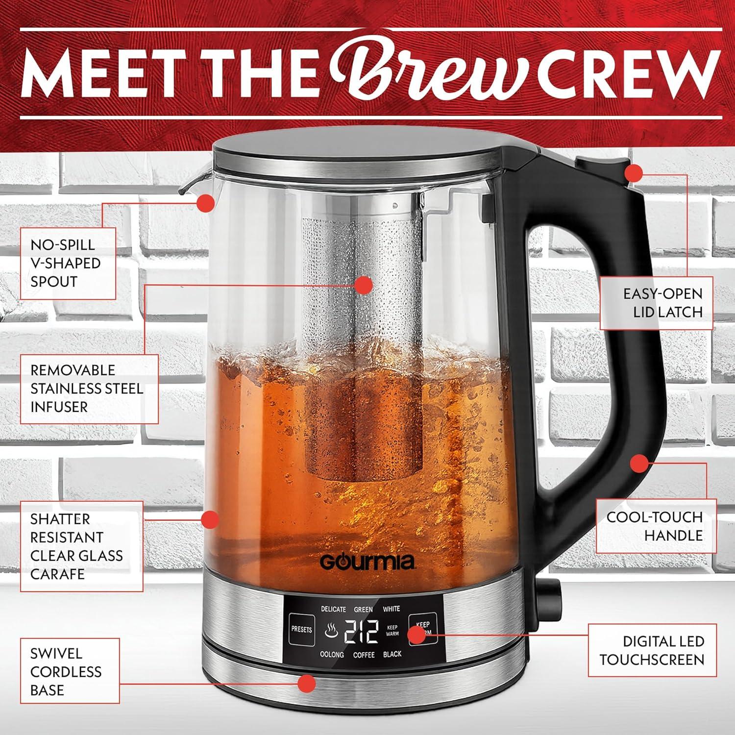 image:imageGourmia Programmable Digital Glass Kettle 17L Adjustable Temperature Electric Kettle with 6 Presets Keep Warm Stainless Steel Tea Infuser 360 Swivel Base Black