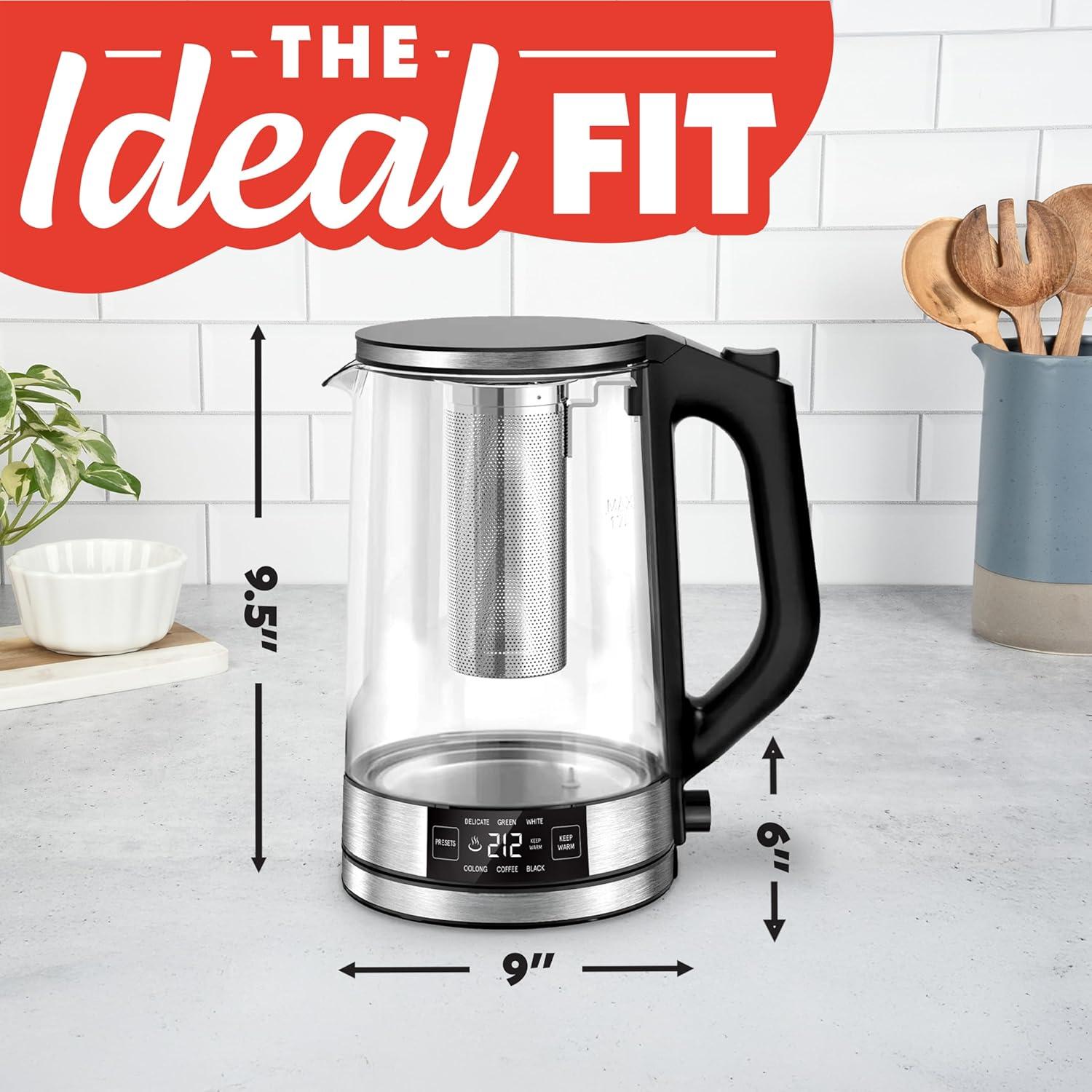 image:imageGourmia Programmable Digital Glass Kettle 17L Adjustable Temperature Electric Kettle with 6 Presets Keep Warm Stainless Steel Tea Infuser 360 Swivel Base Black