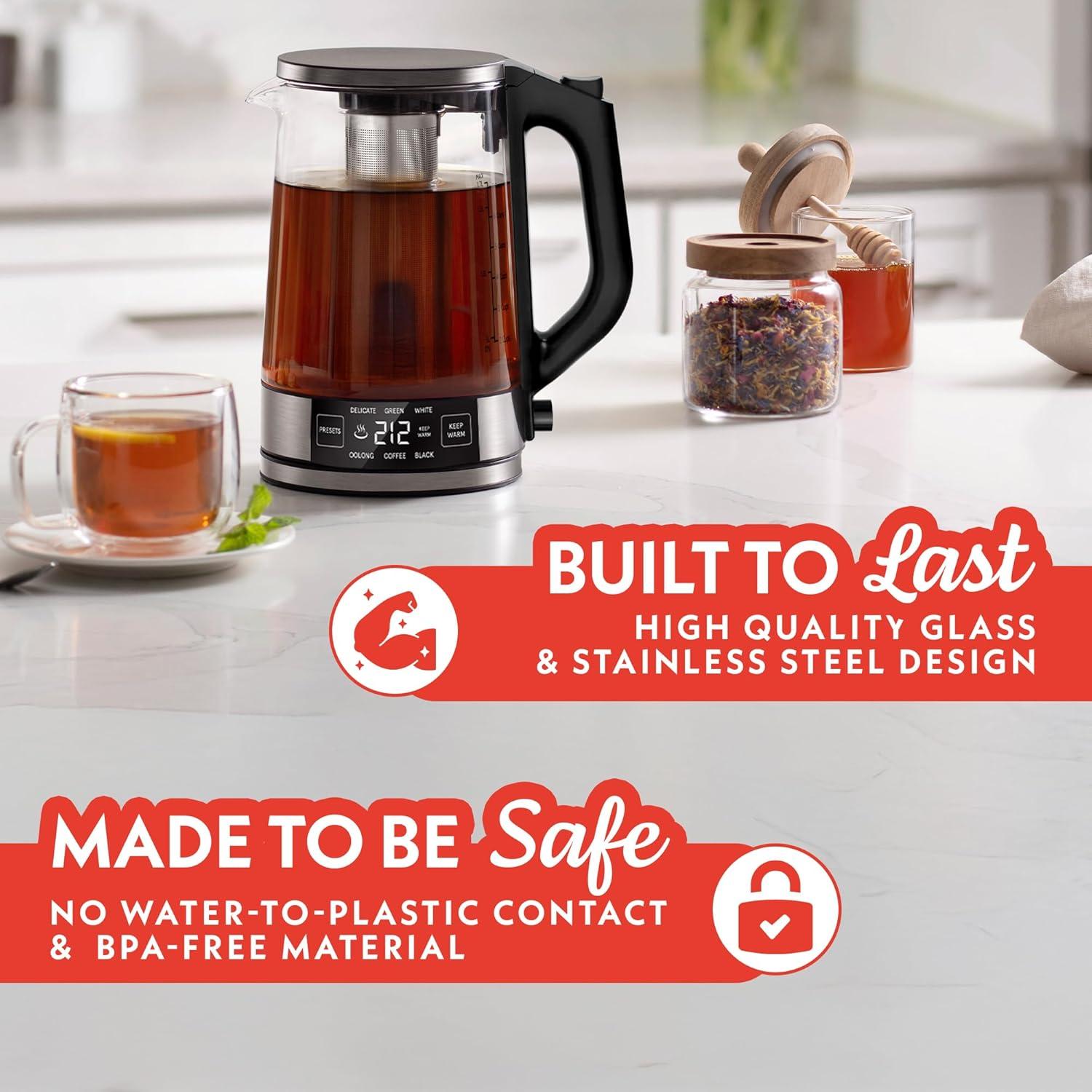 image:imageGourmia Programmable Digital Glass Kettle 17L Adjustable Temperature Electric Kettle with 6 Presets Keep Warm Stainless Steel Tea Infuser 360 Swivel Base Black