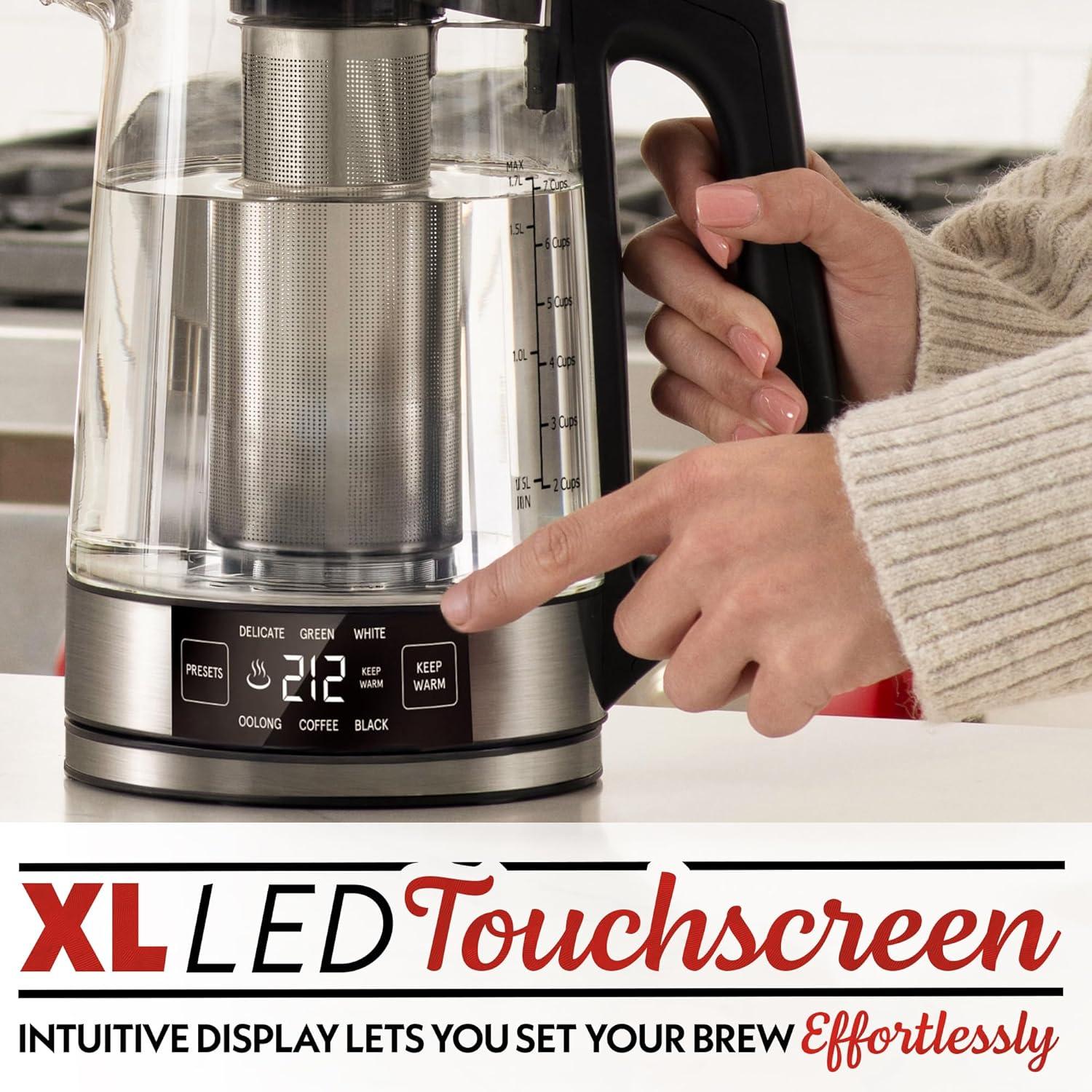 image:imageGourmia Programmable Digital Glass Kettle 17L Adjustable Temperature Electric Kettle with 6 Presets Keep Warm Stainless Steel Tea Infuser 360 Swivel Base Black