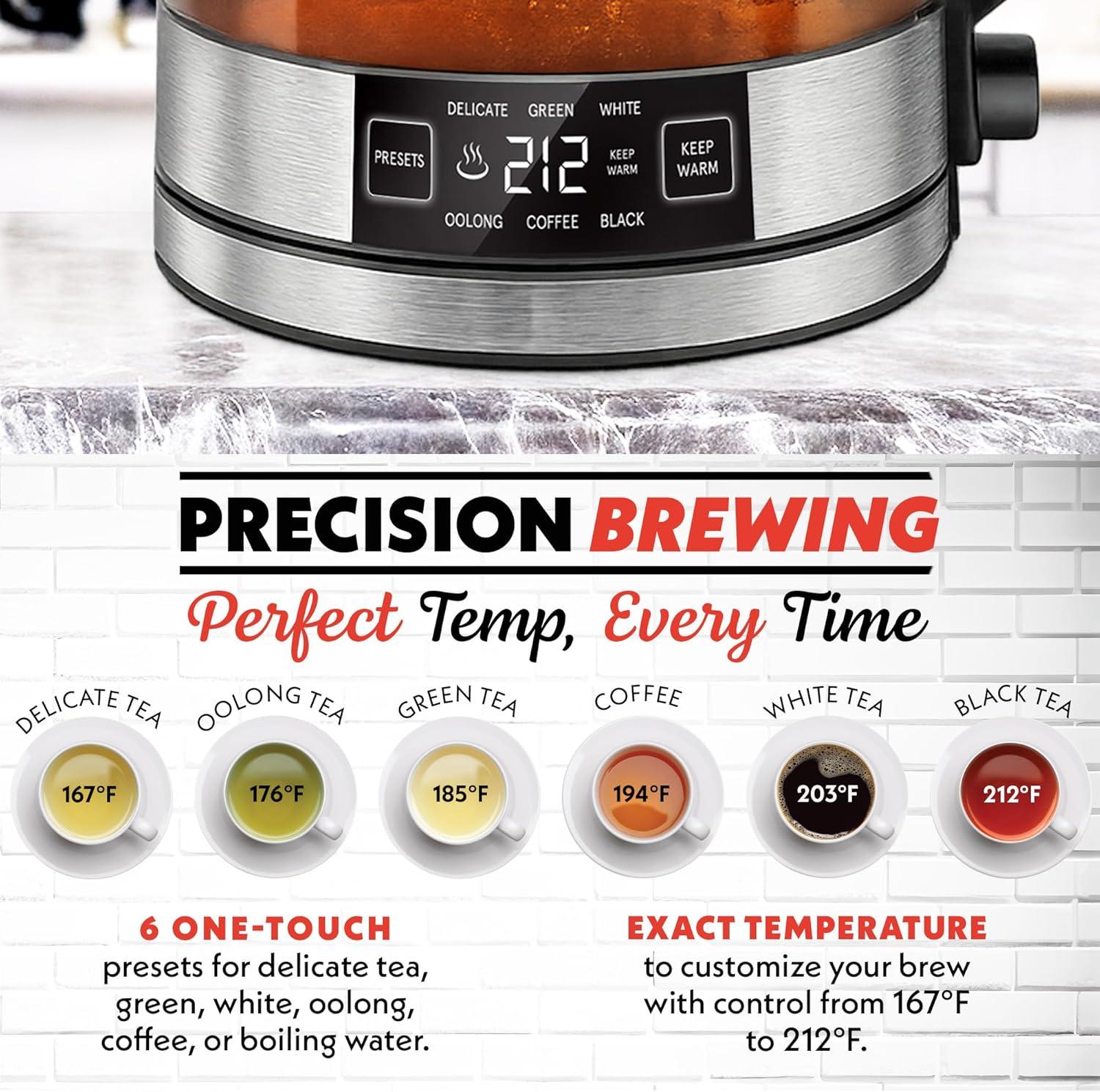 image:imageGourmia Programmable Digital Glass Kettle 17L Adjustable Temperature Electric Kettle with 6 Presets Keep Warm Stainless Steel Tea Infuser 360 Swivel Base Black
