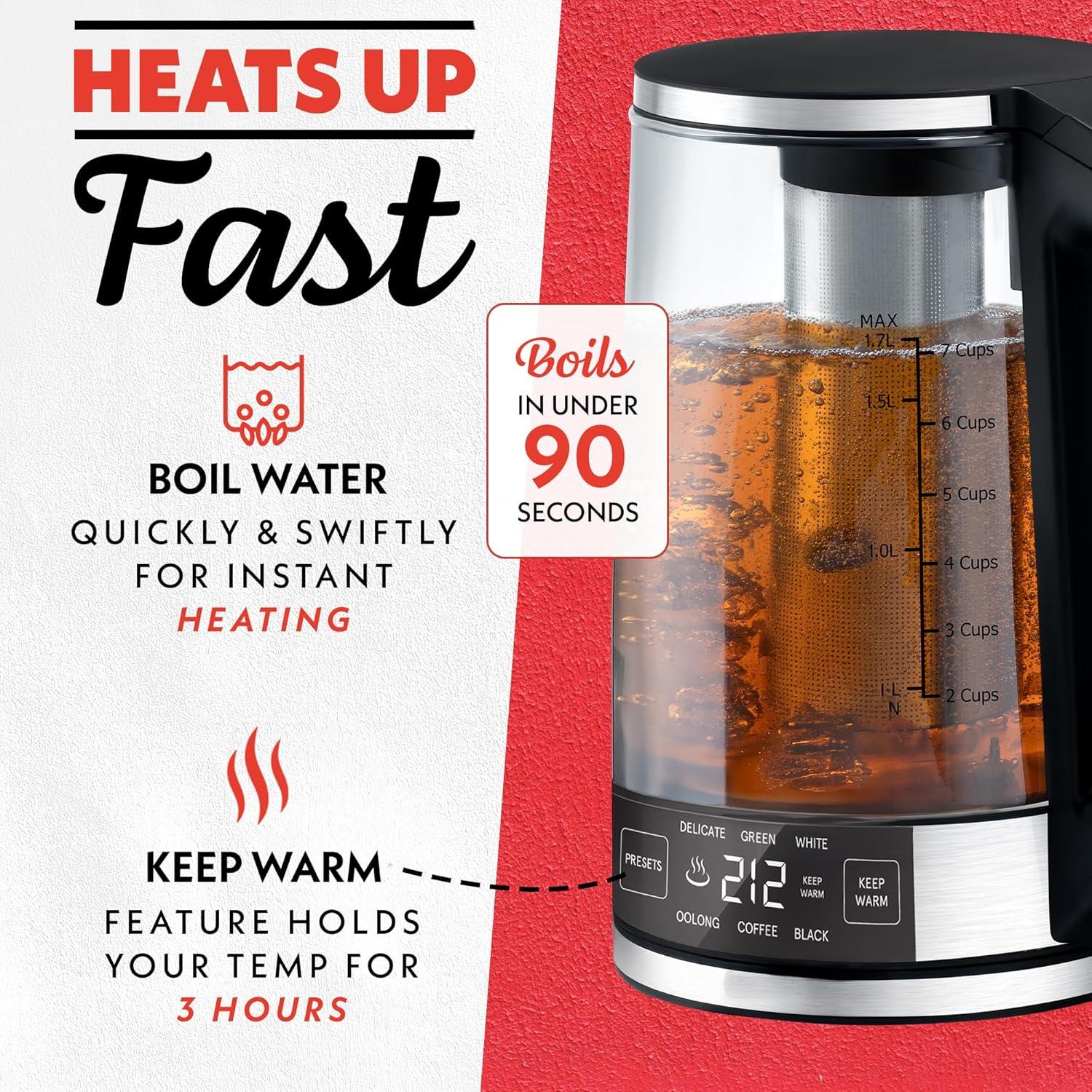 image:imageGourmia Programmable Digital Glass Kettle 17L Adjustable Temperature Electric Kettle with 6 Presets Keep Warm Stainless Steel Tea Infuser 360 Swivel Base Black