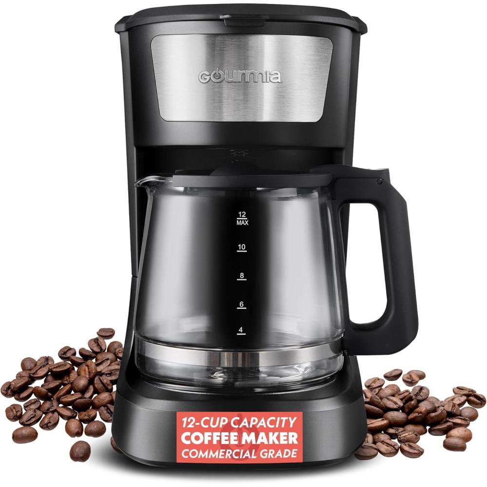 image:imageGourmia 12 Cup OneTouch Coffee Maker Pause and Serve with Automatic Keep Warm Easy View Water Window Compact Design Stainless Steel Accents Black