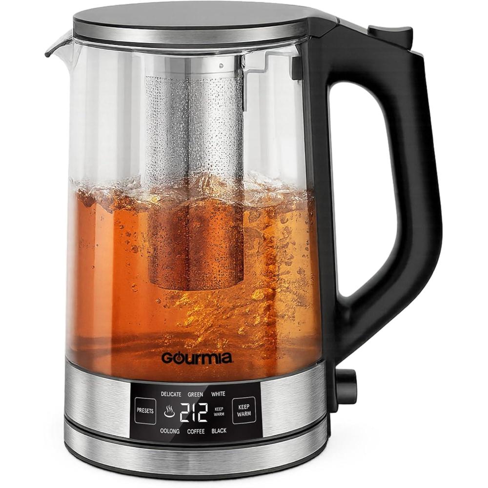 image:imageGourmia Programmable Digital Glass Kettle 17L Adjustable Temperature Electric Kettle with 6 Presets Keep Warm Stainless Steel Tea Infuser 360 Swivel Base Black
